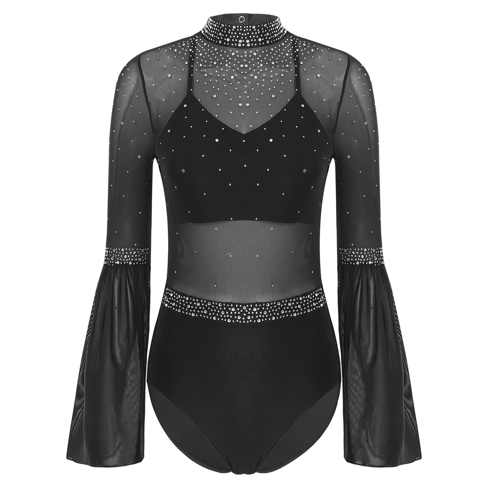 

Жіночий гімнастичний купальник з прозорої сітки, печворк-дизайн, комір-стійка, рукав-кльош, відкрита спина, блискучий купальник з райським камінням XL чорний