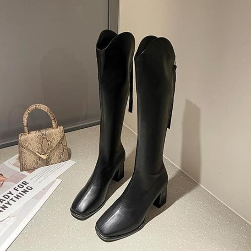 Fashion Square Toe Warm Elegant Heeled Long Boots for Women Designer Luxury Gothic Pu Cosplay Waterproof Hot Knee High Shaft Shoes Woman