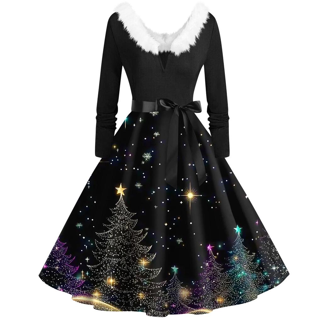 Dámské módní šaty s límcem do vlasů s výstřihem do V Ležérní štíhlé vánoční šaty s dlouhým rukávem