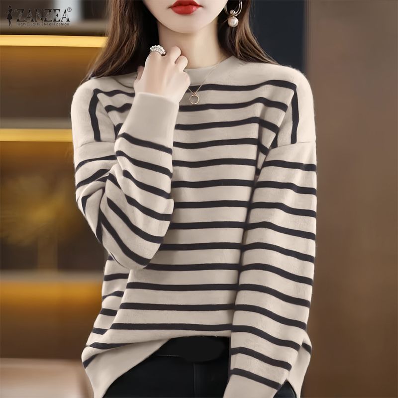 ZANZEA Women Casual Round Neck Loose Long Sleeve Stripe Print Autumn Blouse