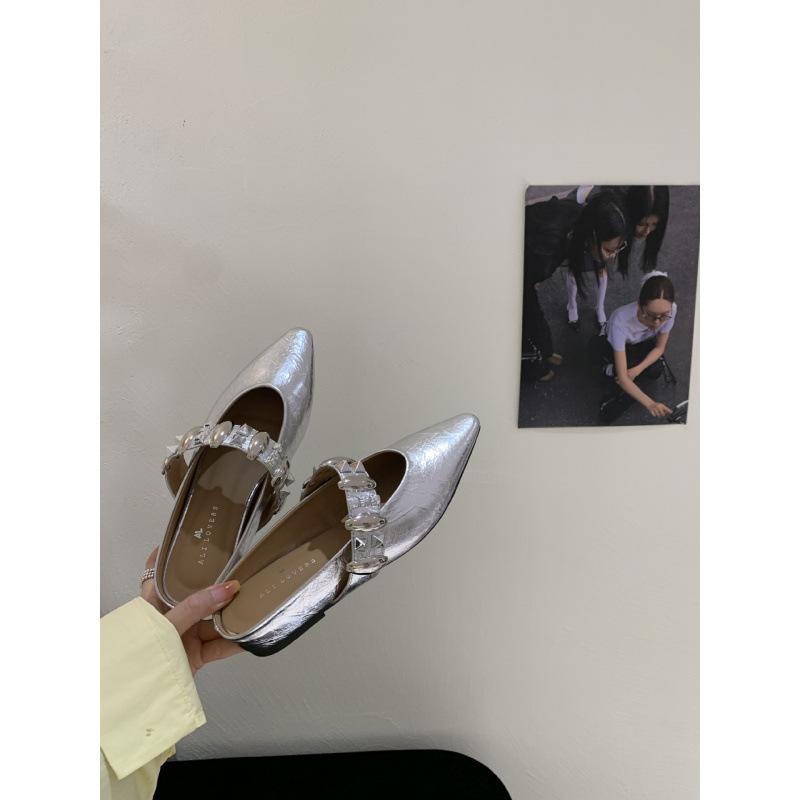Inner Height Increase Rivet Bag Head Half Slippers Women's Summer Wear 2025 New Leopard Print Pointed Mary Jane Cool Slippers Silver