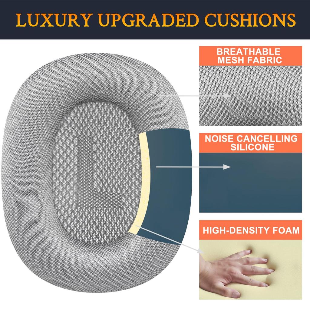SOULWIT Wymienne nauszniki i poduszki do Airpods Max Trwałe nauszniki z siateczki z miękkiej pianki Srebrny zestaw słuchawkowy nauszny, -