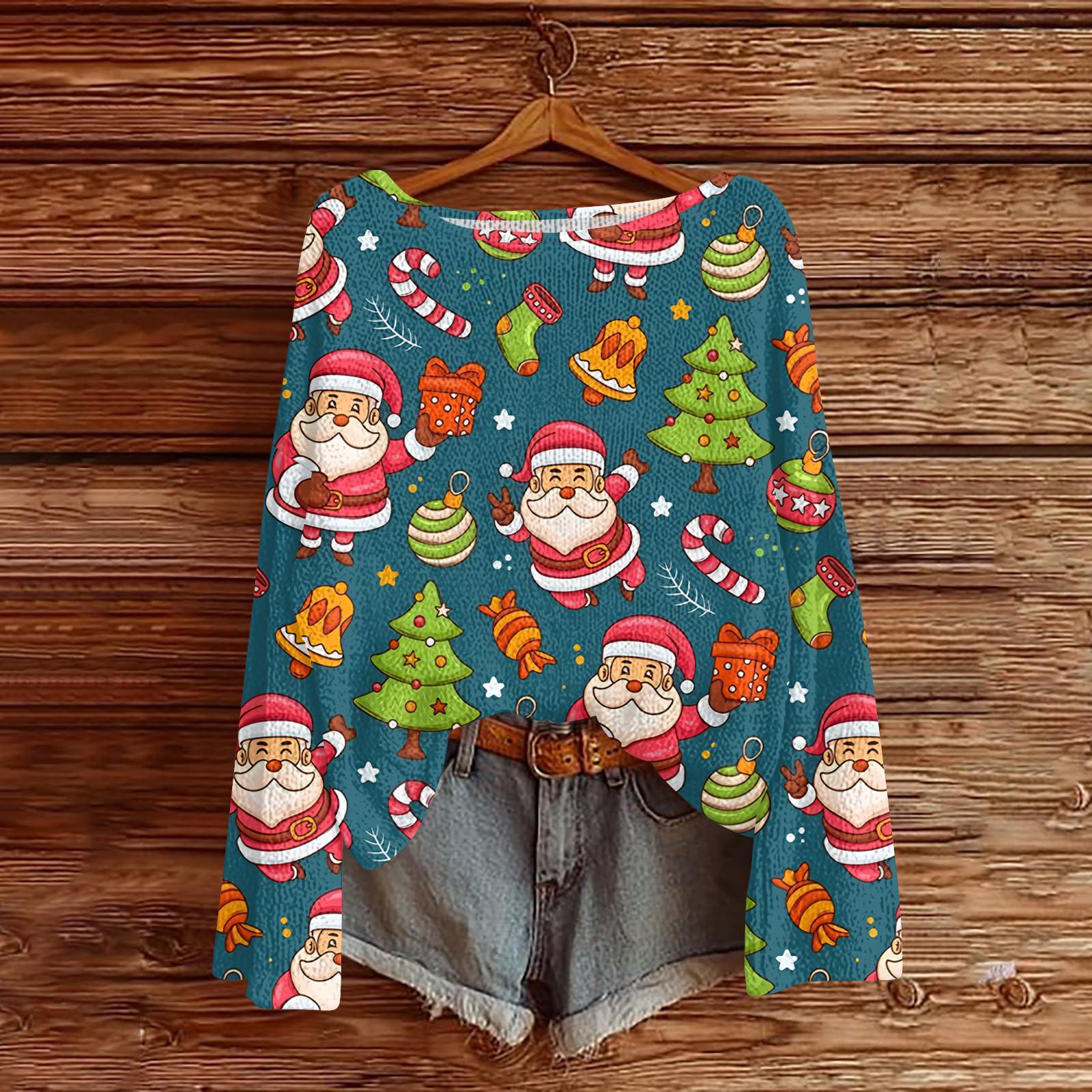 Women s Fashionable Oversized Knitwear Long-Sleeved Christmas Print Top L 2364₽