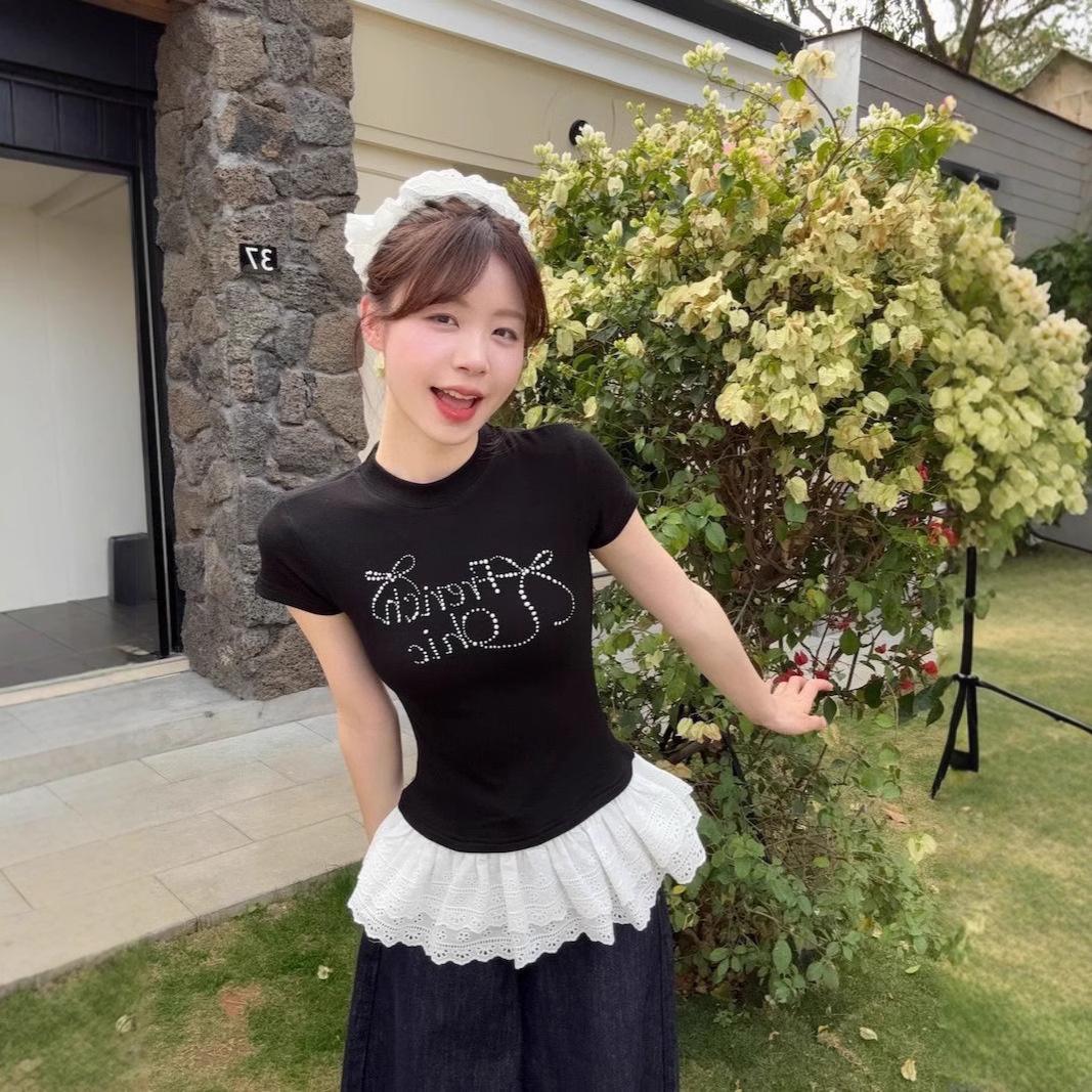 

Plus Size Summer Bow Lace Trim Short Sleeve Slimming T-Shirt Extra Large