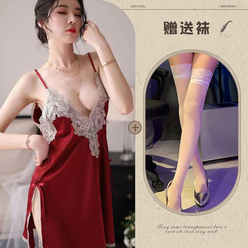 Fun underwear ice silk temptation sexy split-ended nightdress water-soluble flower hollow suspender pajama set