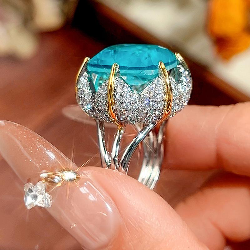 Set Jewelry Necklace Ring Stud Earrings Lotus Shape Para Blue Light Luxury Women