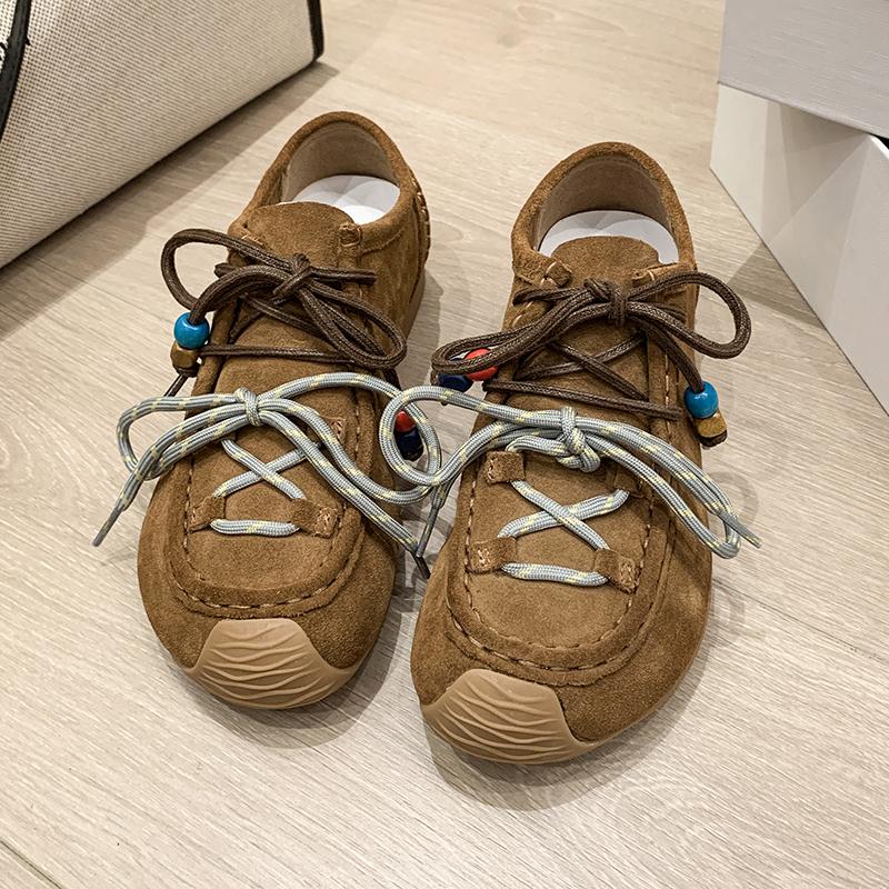 Fashion Autumn New Retro Baotou Flat Slippers Women's Round Toe Deep Mouth Platform Suede Front Lace-up Soft Slip Slides Women Slippers