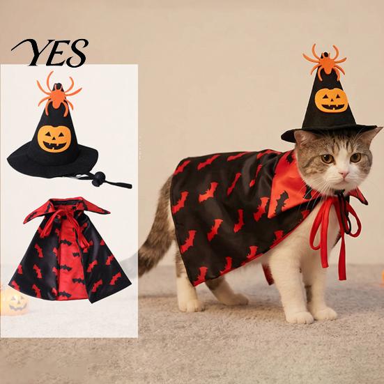 Cat Costume with Hat 1 Set Pet Halloween Costume, Spider Pumpkin Wizard And Outfit Double-Sided Bat Print Cape, Holiday Party for Cats Dogs Medium Dog