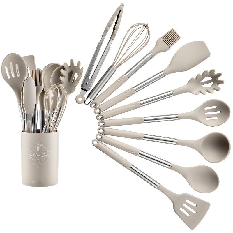 13-Piece Stainless Steel Handle Silicone Kitchen Tools Set - Non-stick Frying Pan, Spatula, Spoon, and More