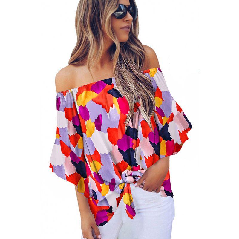

American Shiying Fashion Floral Print Chiffon Shirt Women 2025 Summer New off-Shoulder Short sleeve Top Women Purple Print M(Code fits (55.00 kg-62.50 kg)