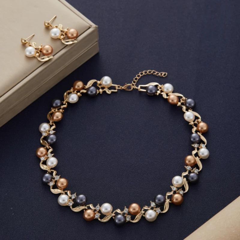 French Vintage Trend Faux Pearl Chain Necklace Earrings, Women's Personalized Classic Holiday Party Accessories Jewelry