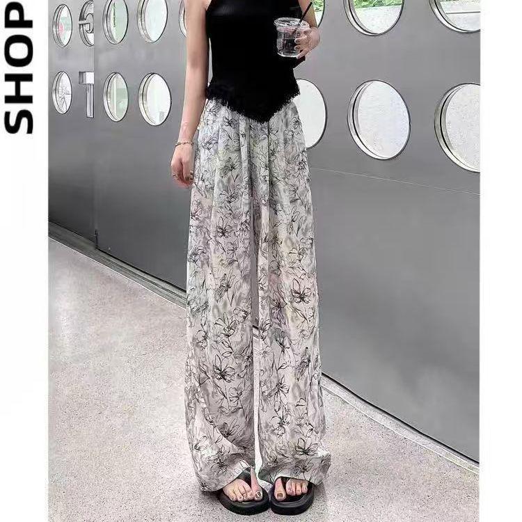 Casual High-Waist Ice Silk Ink Painting Tie-Dye Trousers