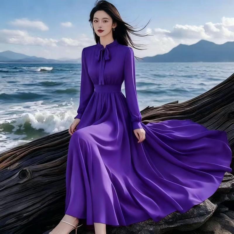 Womens Long Flowy Chiffon Dress French Style Vacation Party Maxi