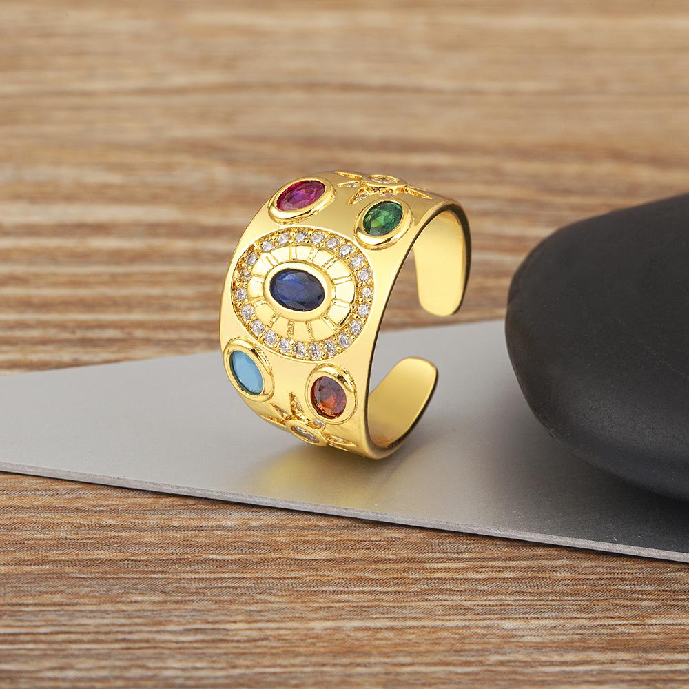 Nidin Vintage Irregular Hammered Open Ring Multi Color Oval & Round Crystal Zircon Adjustable Finger Jewelry Gift for Women Men