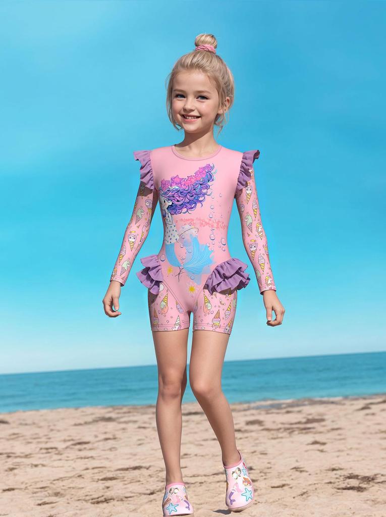 Costume da bagno intero a maniche lunghe con volant per bambina, con slip, certificato CPC per bambini