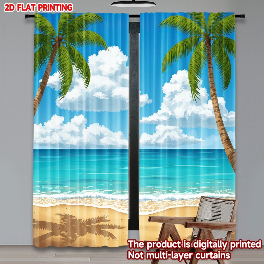Flat Printing Fashionable Christmas Curtains Beach Palm Trees Digital Printed Polyester Drapes Spring Use Set Of 2 Made