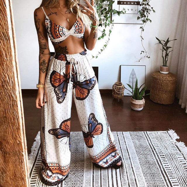 Women Pants Sets Butterfly Print Drawstring Twisted Tube Top Loose Wide Leg Ladies Suit Summer Sleeveless Beach Female Outfits