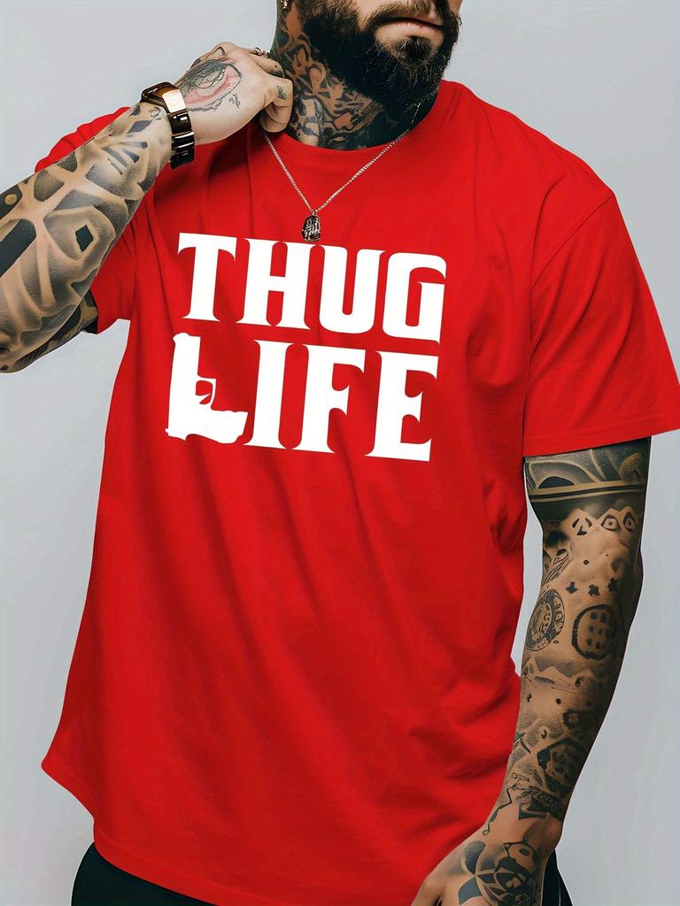 Mens Crew Neck T Shirt Thug Life Bold Letter Graphic Short Sleeve Casual Cotton Retro Hip Hop Style Streetwear Tees
