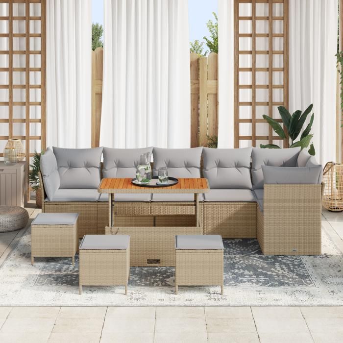 VidaXL Canapés de Jardin 10 pièces avec Coussins Beige Rattan Acacia 3361512