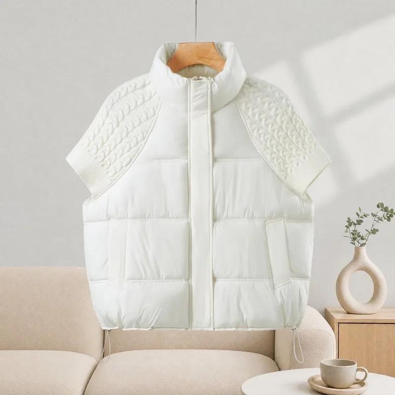 Fashion Knitted Stitching Stand-up Collar Vest Women Autumn Winter Short Warm Loose Sleeveless Ladies Waistcoat Coat