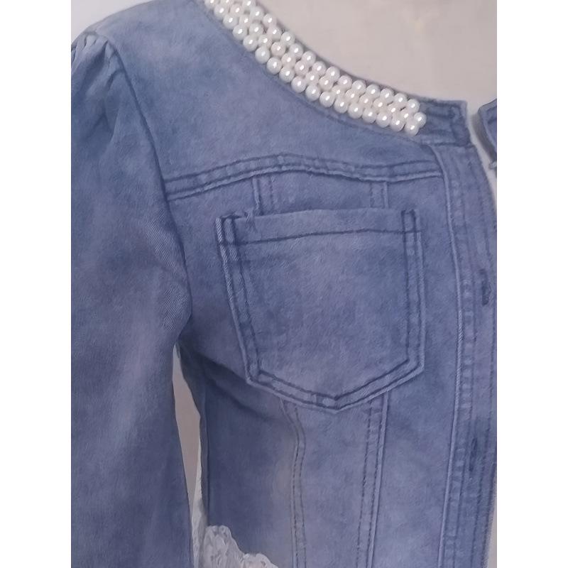 2026 Europejska i Amerykańska Damska Kurtka Codzienna Szyfonowa Dżinsowa z Perłami Duży Rozmiar