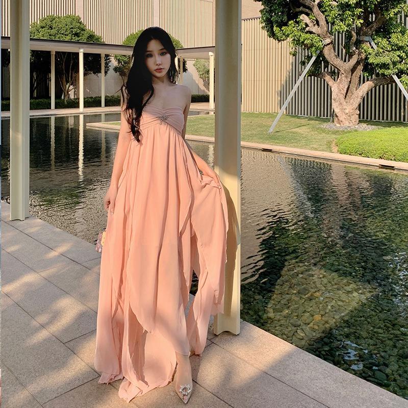 

Vacation Fairy Long Dress Dress Socialite High Sense New Neck Tube Top Backless Irregular Chiffon Dress S
