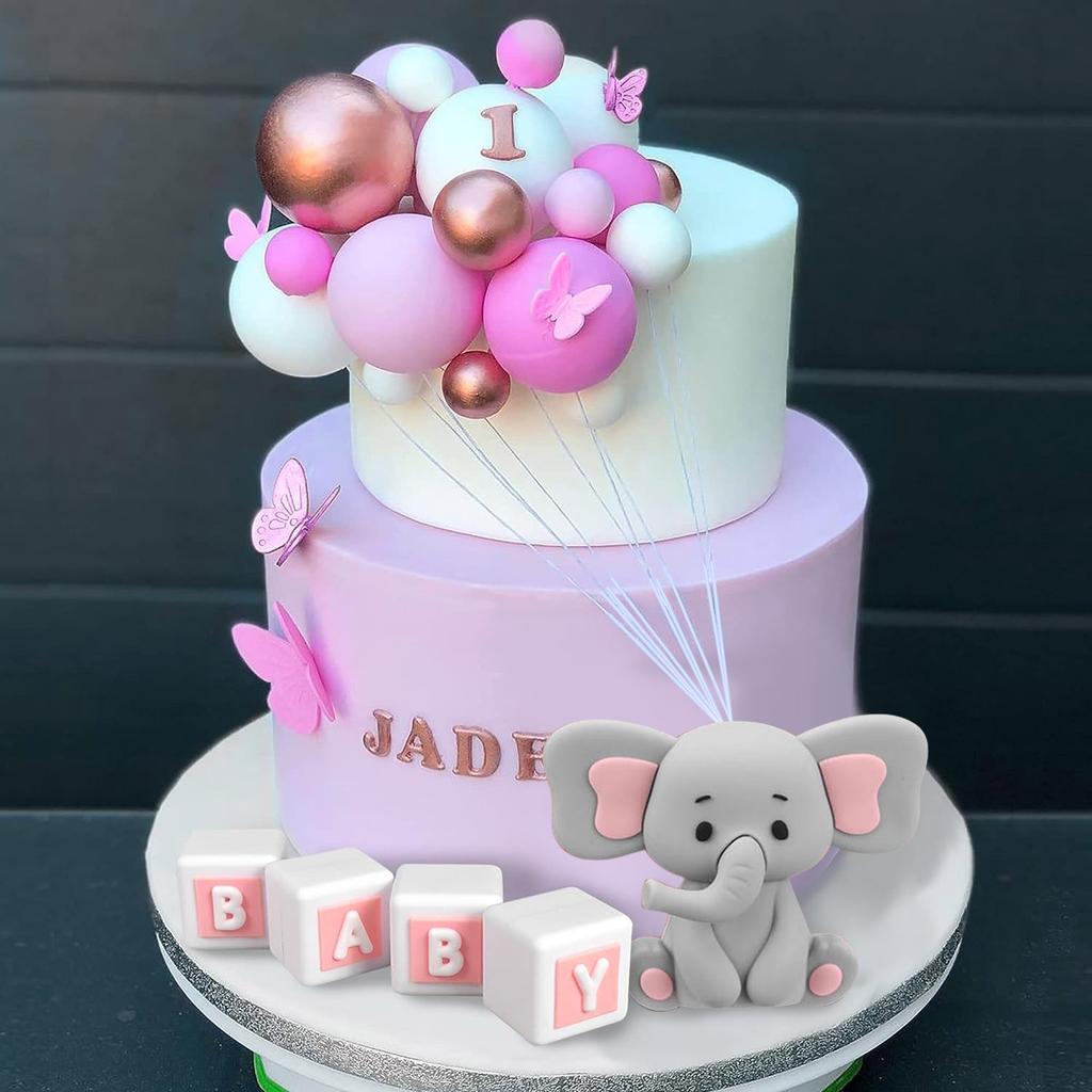 29Pcs Elephant Cake Decoration  Pink BABY Letter Cake Toppers Gold Pink White Ball for Baby Shower Elephant Theme Party Supplies