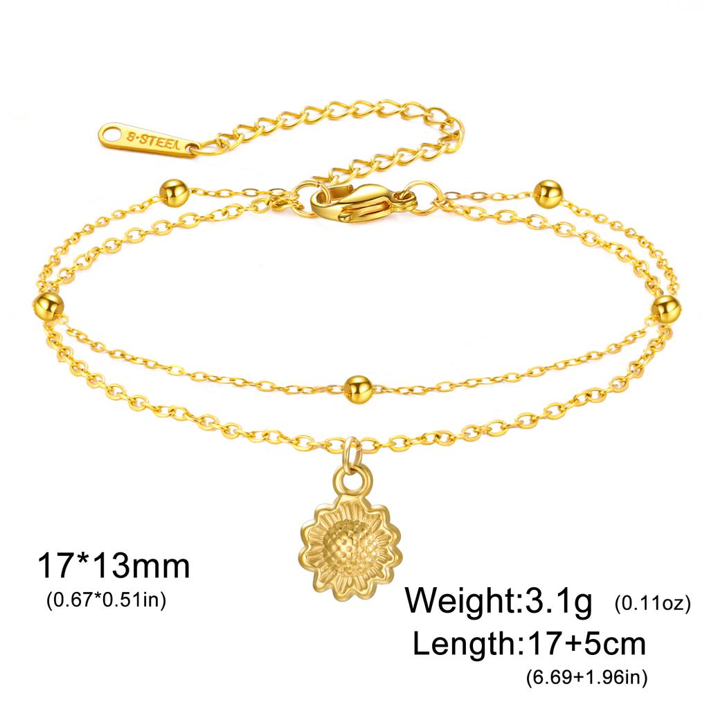 Teamer Bohemian Flower Charm Bracelet Stainless Steel Adjustable Double Layer Beads Chain For Women Fashion Sweet Jewelry Gift