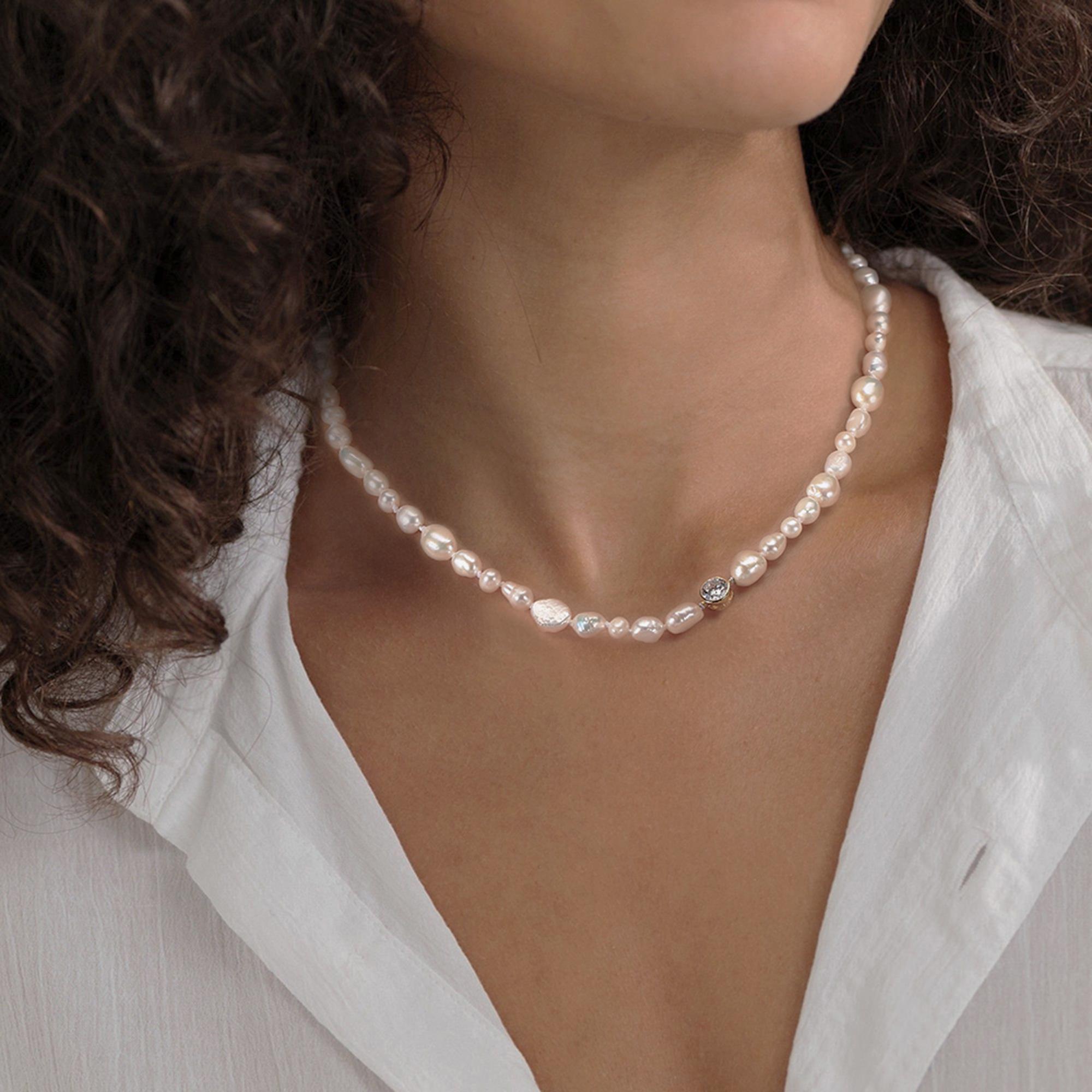

EFFIE QUEEN 925 Pure Silver 14k Gold Baroque Pearl Chain Choker Necklace Plus Zirconia Natural Jewelry for Women Banquet GPN70
