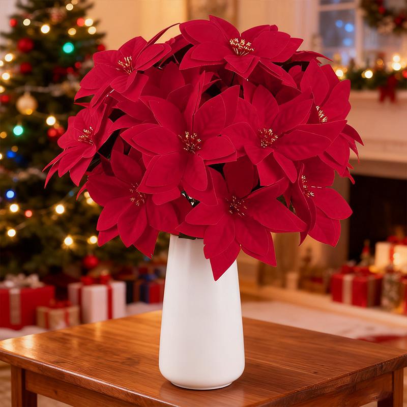 1-5 Bundles Artificial Christmas Flower Red Poinsettia Bouquets for Christmas Home Garden Table Vase Decoration Wedding Flowers