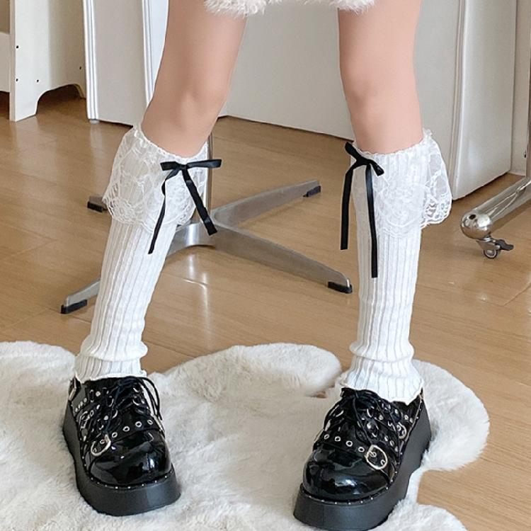 Women Aesthetic Ribbed Knit Stretch Leg Warmer Japanese Boot Cover Sweet Ruffled Lace Trim Bows Leg Sleeve Long Socks