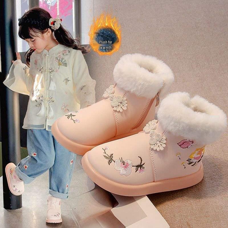 Girls' Hanfu Cotton Boots - 2026 New Flower Embroidery, Chinese-Style Soft Sole, Short Fairy Boots