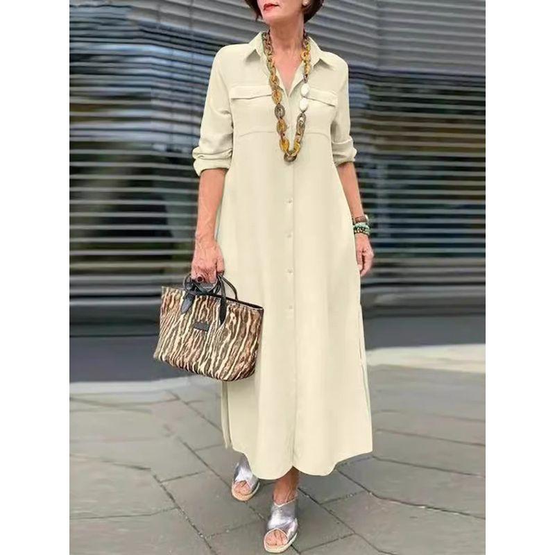 Loose Long-Sleeved Lapel Dress Elegant Solid Long sleeve Button Lapel Plus size dresses