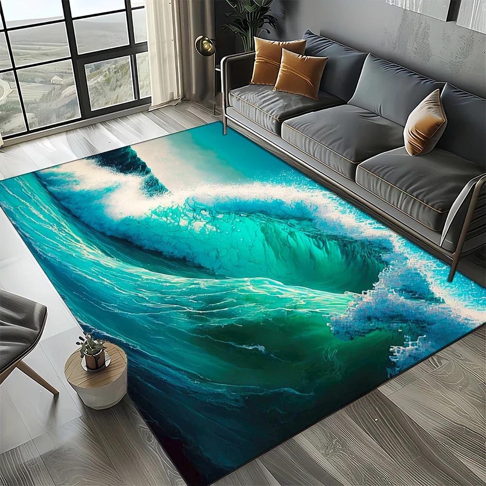 Blue Green Seawater Sea Wave Carpet Scenery Carpet Rug for Living Room Bedroom Home Sofa Home Decoration Non-slip Floor Mat