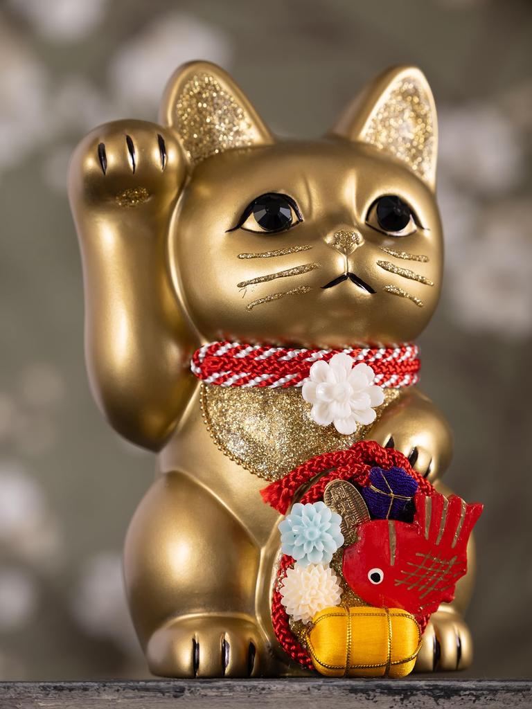 Lucky Cat Waraku Medetai Right Hand Cat Lucky Cat Maneki Cat Lucky Feng Shui Ornament Offerory Box Gold (M-SIZE Gold) Raised/Pottery_Lucky (tai_M