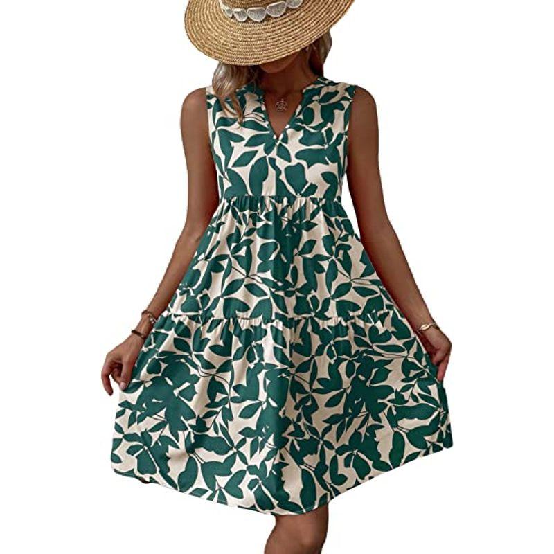 

European and American Cross-Border Export Summer Women Full Body Dress V-neck Loose Bohemian Pleat Plus size Fat M Fashion Sleeveless Green M(Bust size 94)