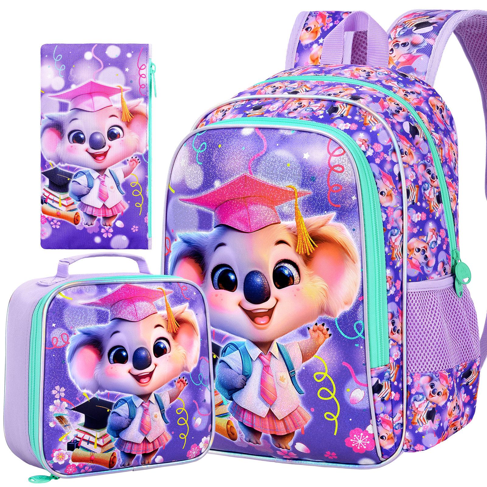 Sac à dos Koala 3 pièces pour filles, Sac à dos pour enfants 16  avec boîte à lunch, Sac d'école pour enfant d'âge préscolaire, élémentaire, tout-petit - Violet Dr. Koala