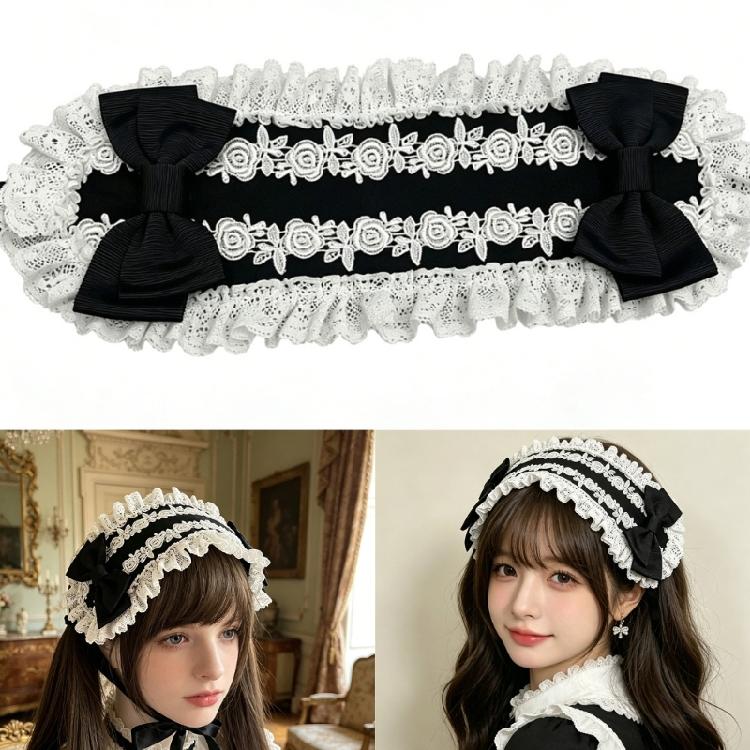 Lolitas Lace Headband Retro Cosplay Party Hair Accessories Ribbon Bows Maid Headdress for Womens