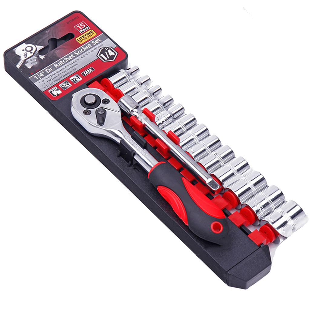 1/4-Inch Ratchet Socket Wrench Set Drive Socket Set with 13 Sockets 4-14mm & 2 Way Quick Released Ratchet Handlle 15 Pcs