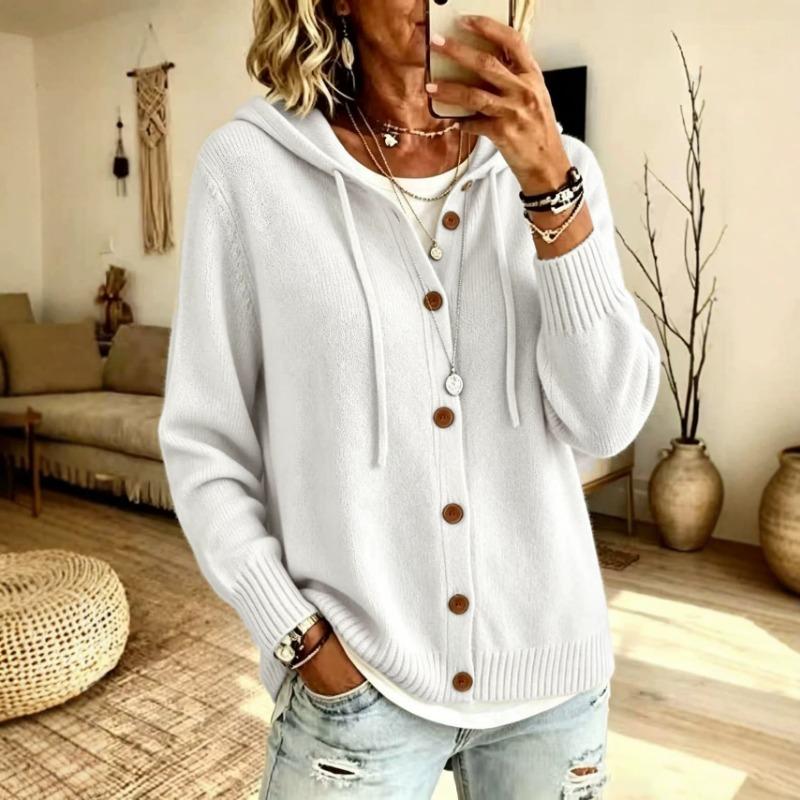 Women Loose Thick Knit Hooded Drawstring Button Cardigan Sweater