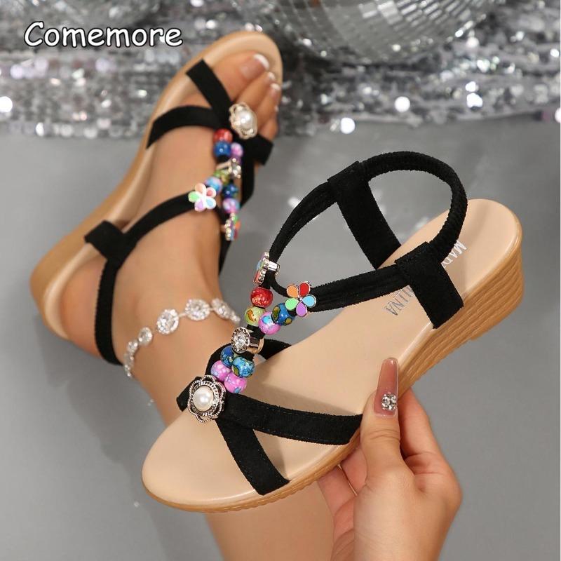 Fashion Fashion String Beaded Wedge Sandals for Women Summer 2025 Bohemian Style Beach Shoes Woman Elastic Band Slip On Roman Sandalias
