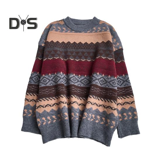 Women Autumn Winter Loose Fit Sweater O Neck Long Sleeve Pullover Tops Striped Print Knitting Jumpers Casual Knitwear