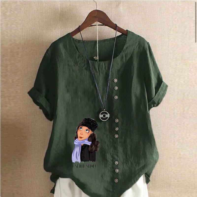 Damen Neue Mode Leinenhemd Rundhalsausschnitt Kurzer Ärmel Schal Mädchen Bedrucktes T-Shirt Sommer Damen Freizeit Große Größen Blusen Oberteile