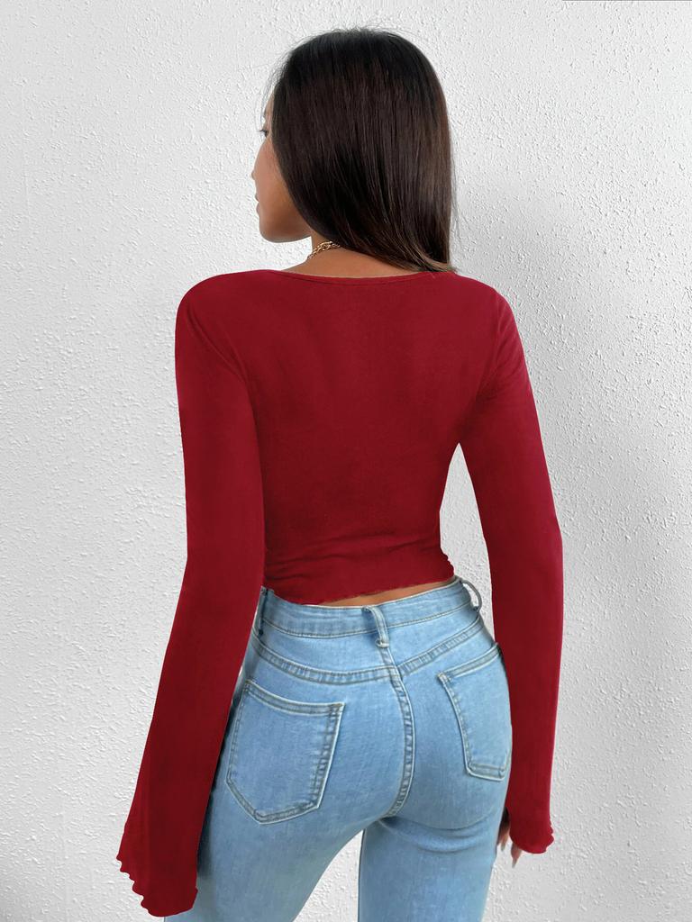 T-shirt Vacation V-neck Flared Sleeve Waisted Irregular Knit Long-sleeved T-shirt Tops