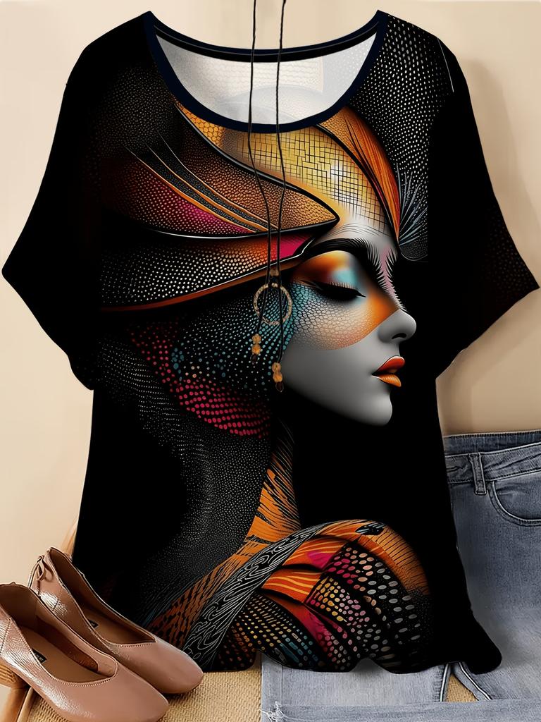 Vintage African Woman 3D Print T-Shirt for Women Retro Art Graphic Tee Casual Crew Neck Short Sleeve Summer Top Plus Size Tees