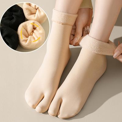 Winter Thicken Plush Warm Two Finger Socks For Women Black Nude Solid Color Snow Socks Middle Tube Split Toe Socks Sleeping Sock