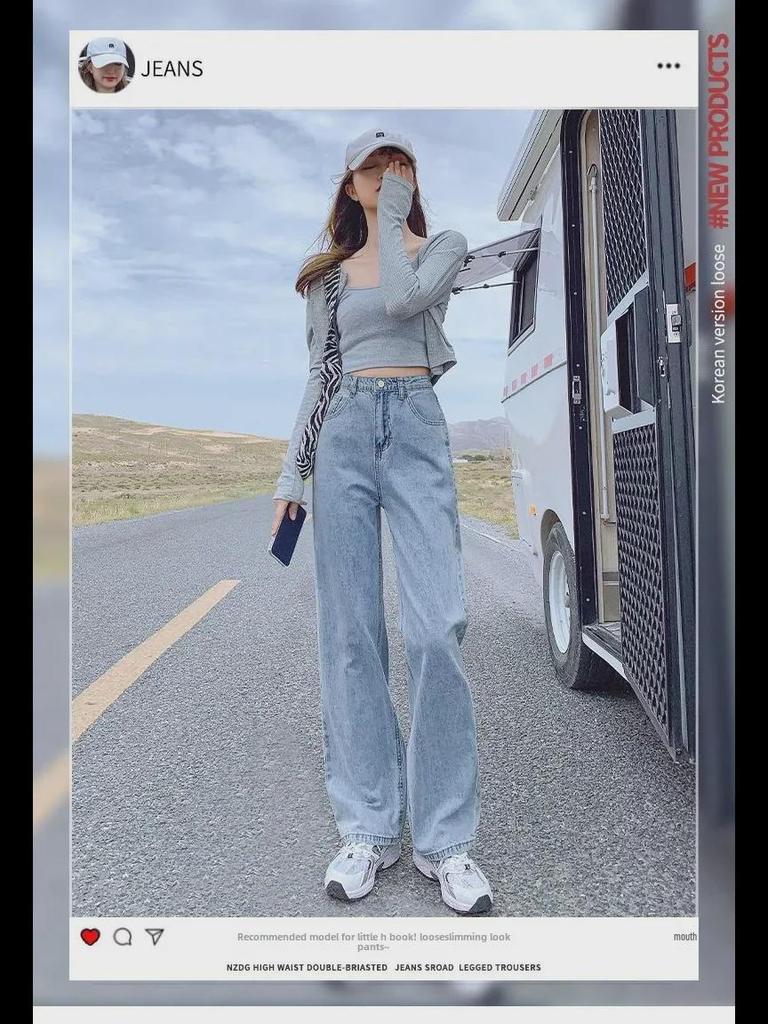 Women's Plush Wide-Leg Jeans: High-Waisted, Slimming, Loose Fit - Perfect for Autumn and Winter with a Warm Korean Style.