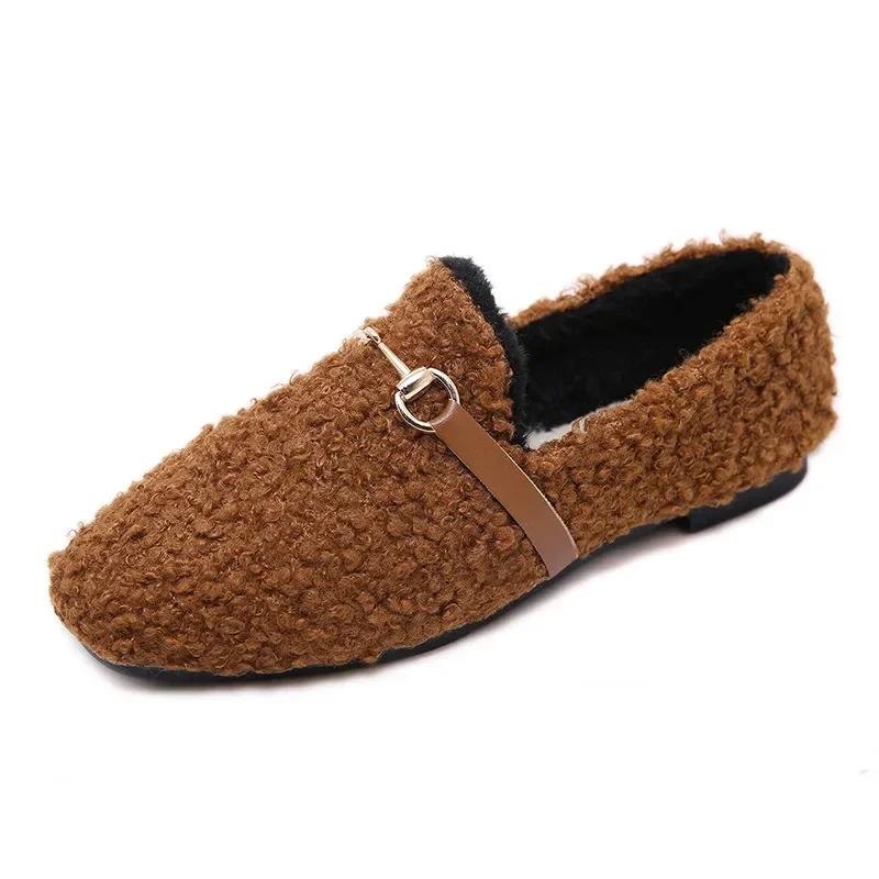 2024 Brand Ladies Shoes Slip-on Women's Flats Metal Decoration Casual Flats Women New Plus Size Short Plush Flat Shoes