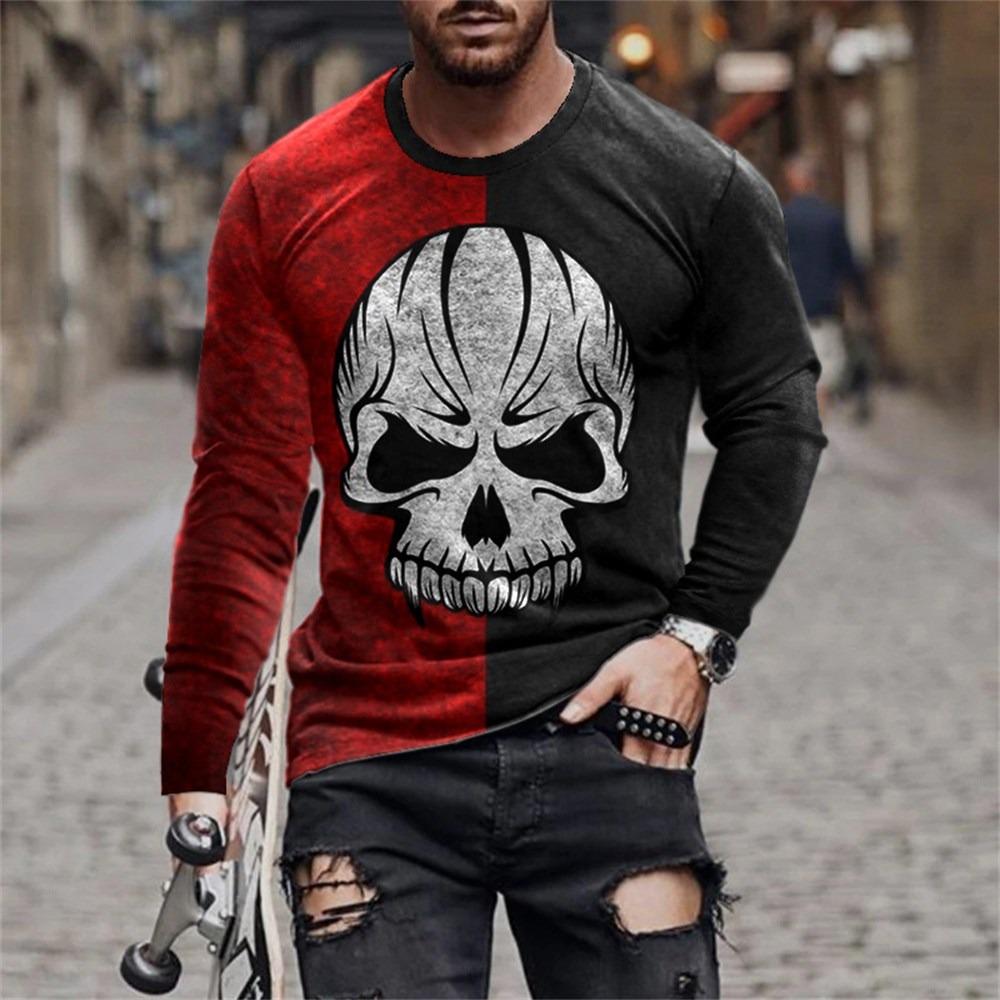 O-Neck Long Sleeve Plus Size T-shirt Men's Clothing Retro Men's Long Sleeve T-shirt 3D Printing Skull Long T-shirt Men's Street