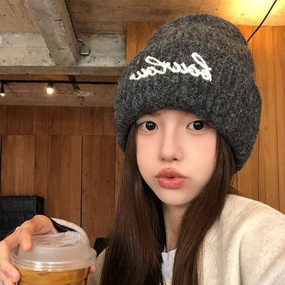Autumn and Winter Hats for Women American Versatile Letters Piled Hats with Big Heads and Warm Head Hats Outdoor Casual Wool Hats